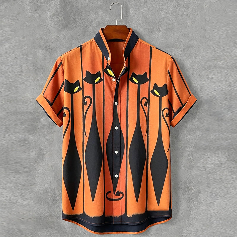 Men's Retro Striped Cat Art Pattern Casual Shirt