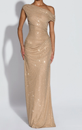 Champagne One-Shoulder Rhinestone Ruched Maxi Dress