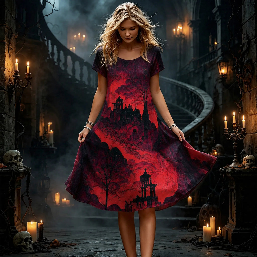 Women's Gothic Dark Castle Red Sky Halloween Print Casual A-line Skirt