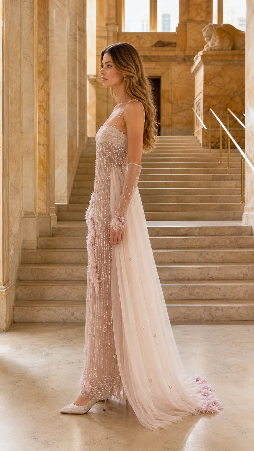 Embellished Tulle Evening Gown with Floral Appliqué
