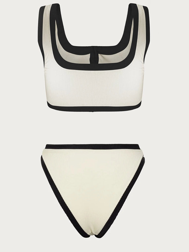 Elegant Contrast Button Detail Two-Piece Swimsuit