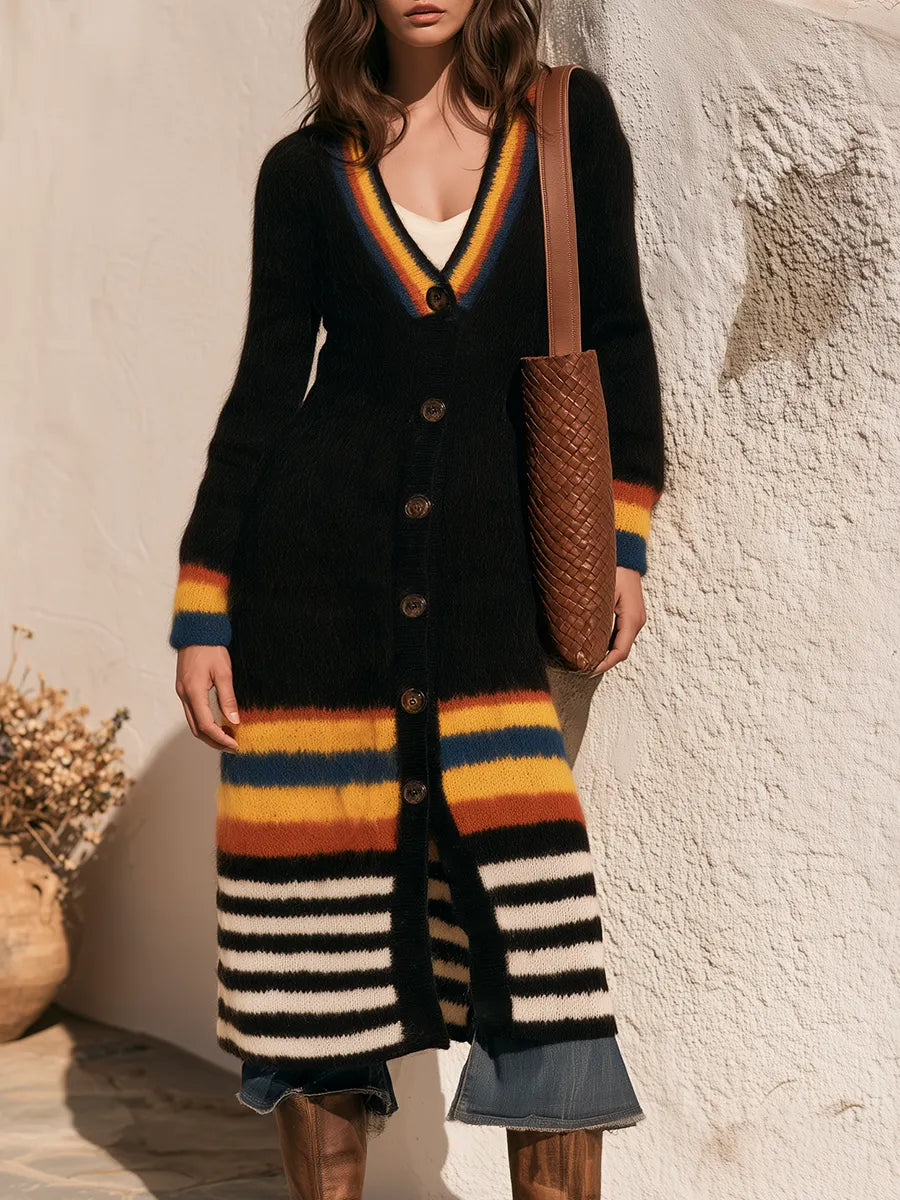 Retro-chic Rainbow Stripes Black Mid-length Mohair Cardigan