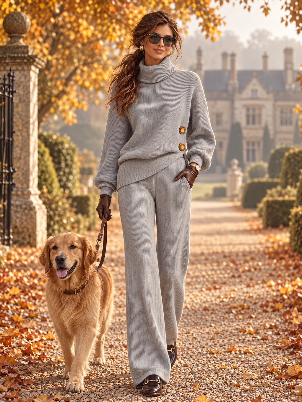 Casual Design Turtleneck Sweater And Knitted Flared Pants Set