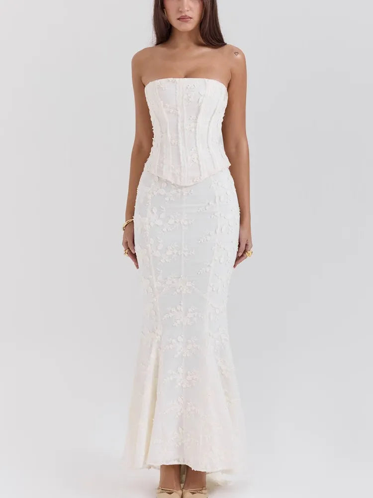 Embroidered Off-the-shoulder Backless Fitted Maxi Dress