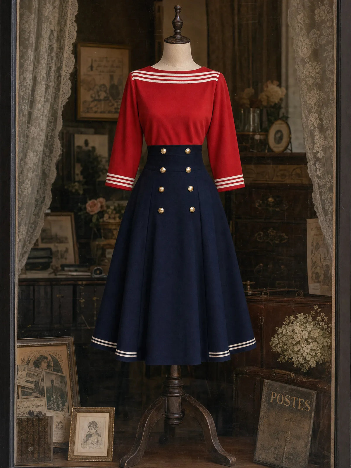 Vintage Nautical‑Style Top & Midi Skirt Set