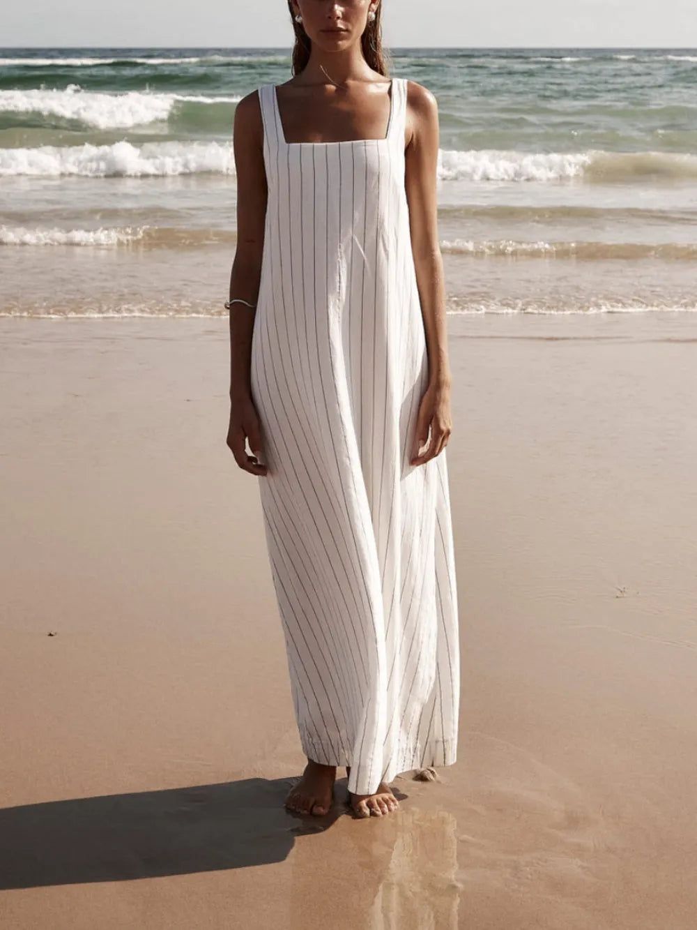 White With Charcoal Pinstripe Maxi Dress