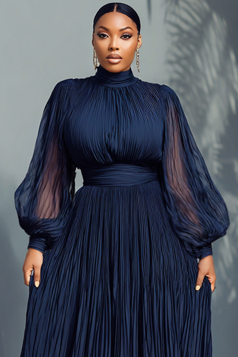 Navy Blue Mock Neck Lantern Sleeve Long Sleeve See Through Elegant Ruffled Midi Dresses