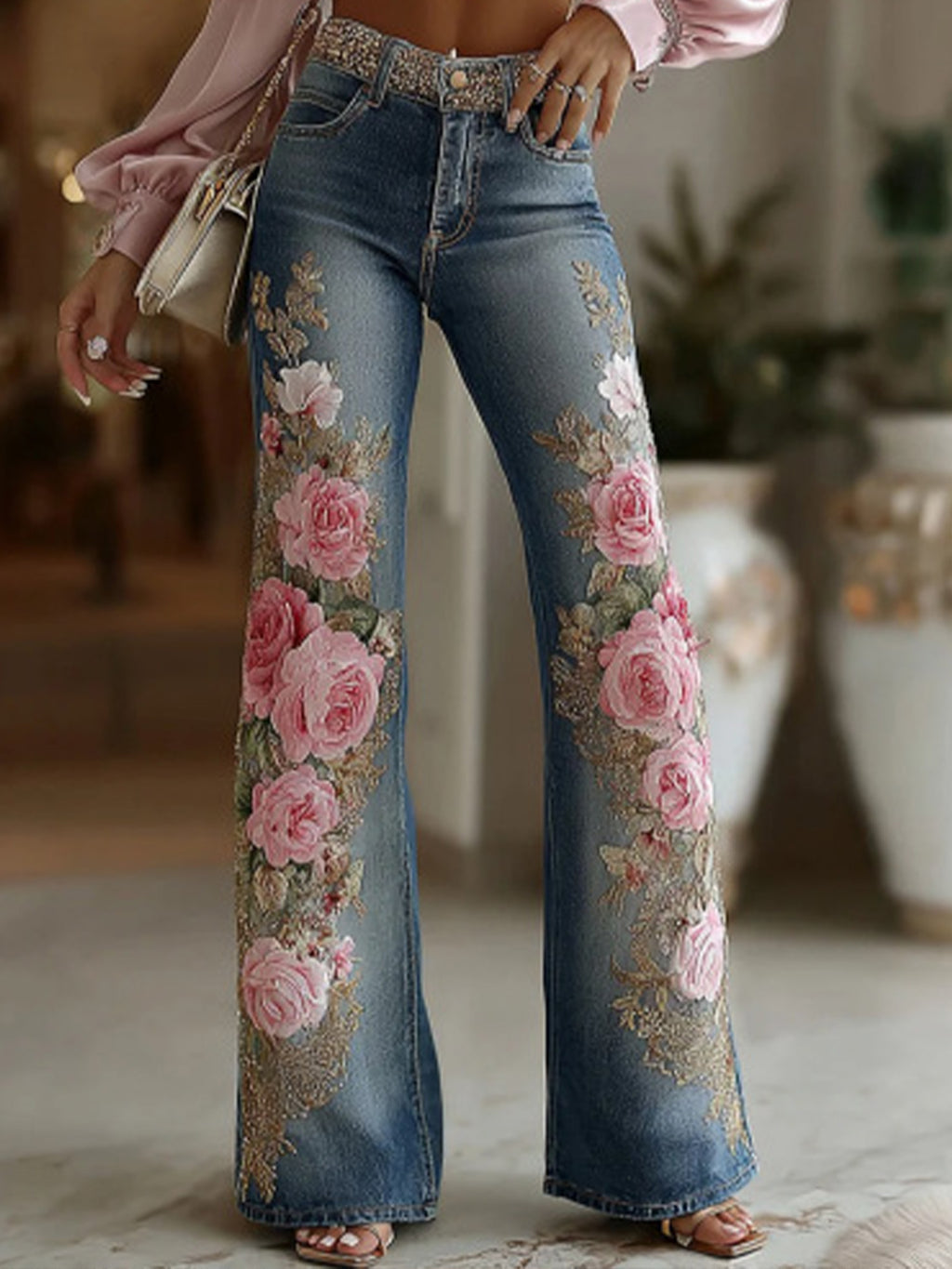 Western Pants — Ocean Blue Mid-Rise Bootcut Denim Jeans With Heavy 3D Rose Floral Embroidery