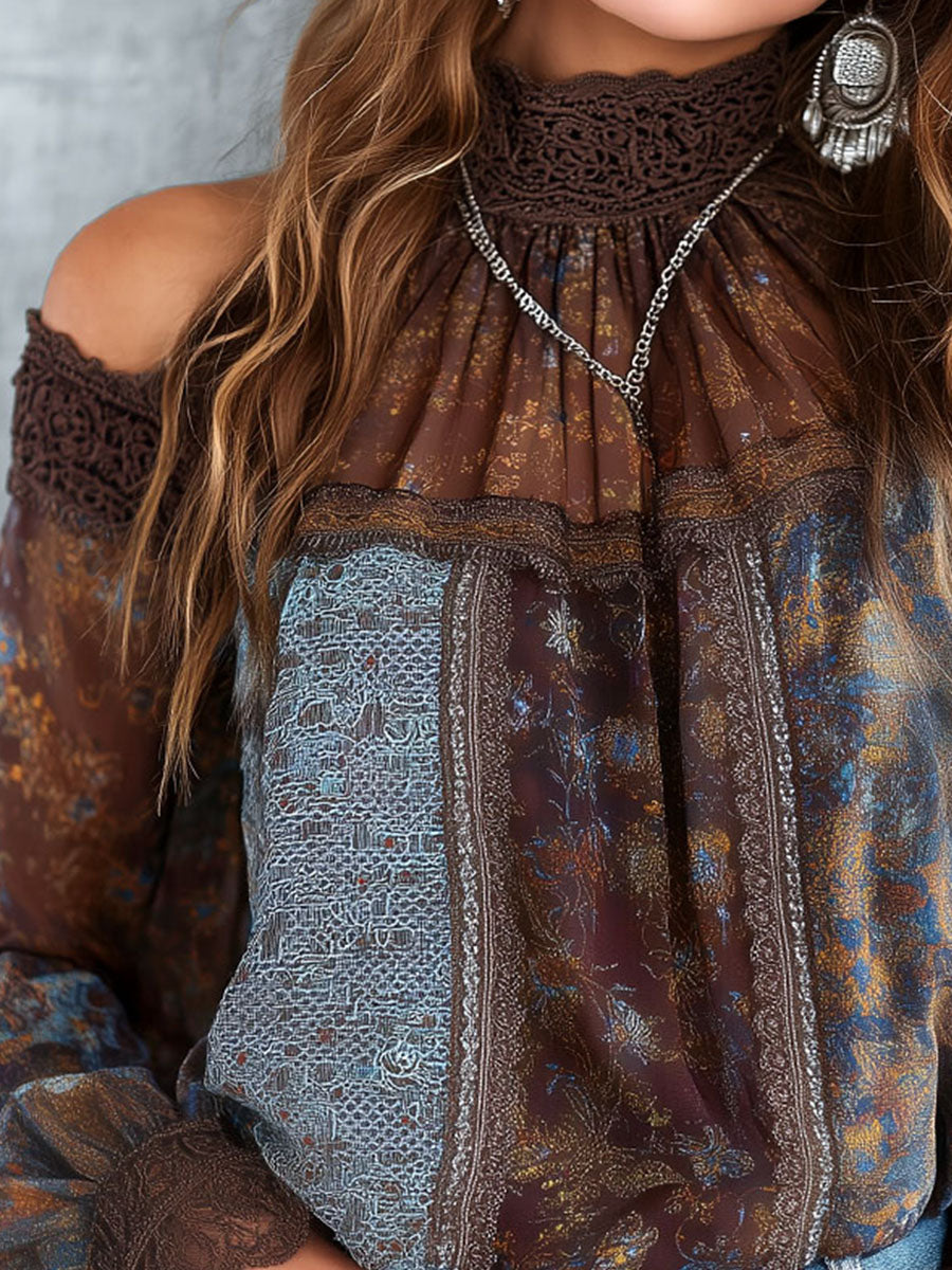 Boho Vintage Cold-Shoulder Sheer Floral Lace Patchwork Blouse