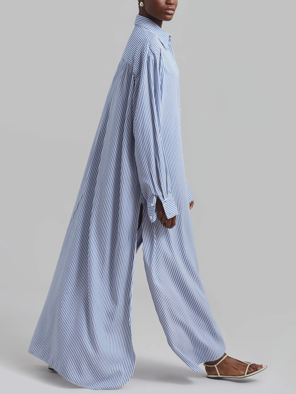 Avery Fluid Shirt Dress - White/Blue Stripe