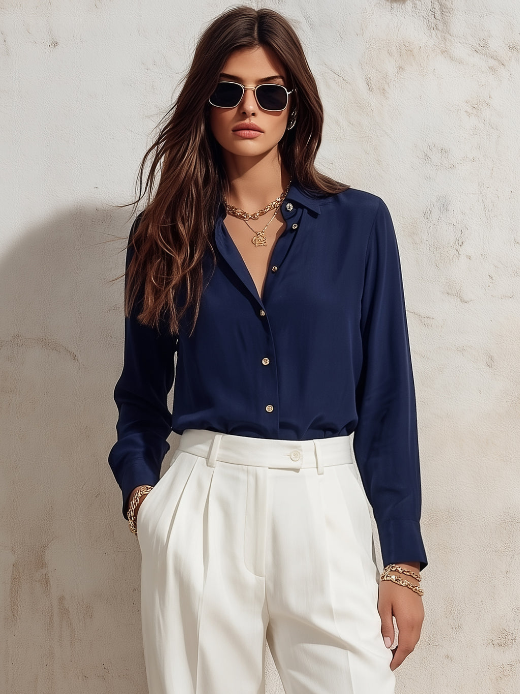 Nautical Riviera Navy Blue Matte Satin Long Sleeve Button Down Shirt