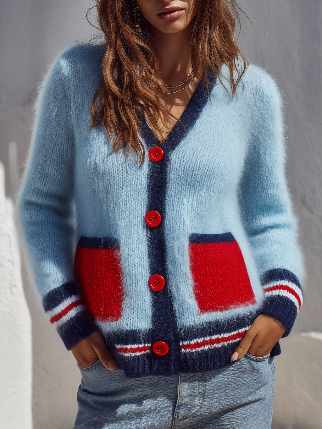 Retro Color-blocked Mohair Knit Cardigan