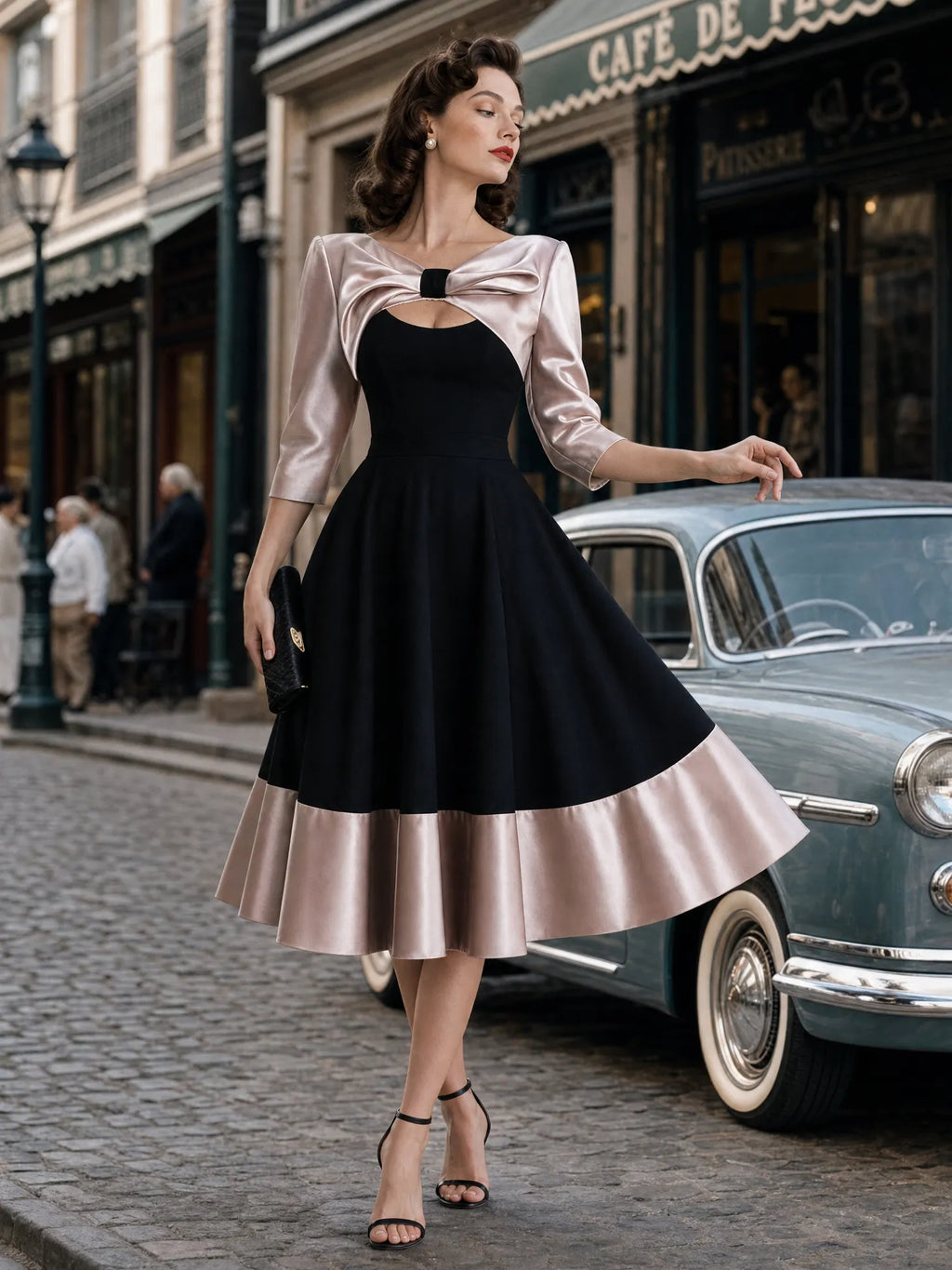 Vintage Satin Bow Spliced Midi Dress