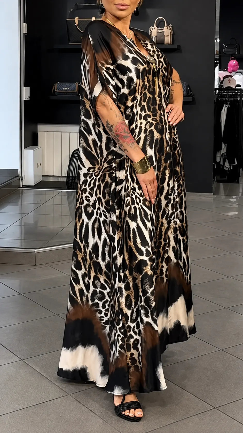 Leopard Print V‐Neck Chiffon Kaftan Dress