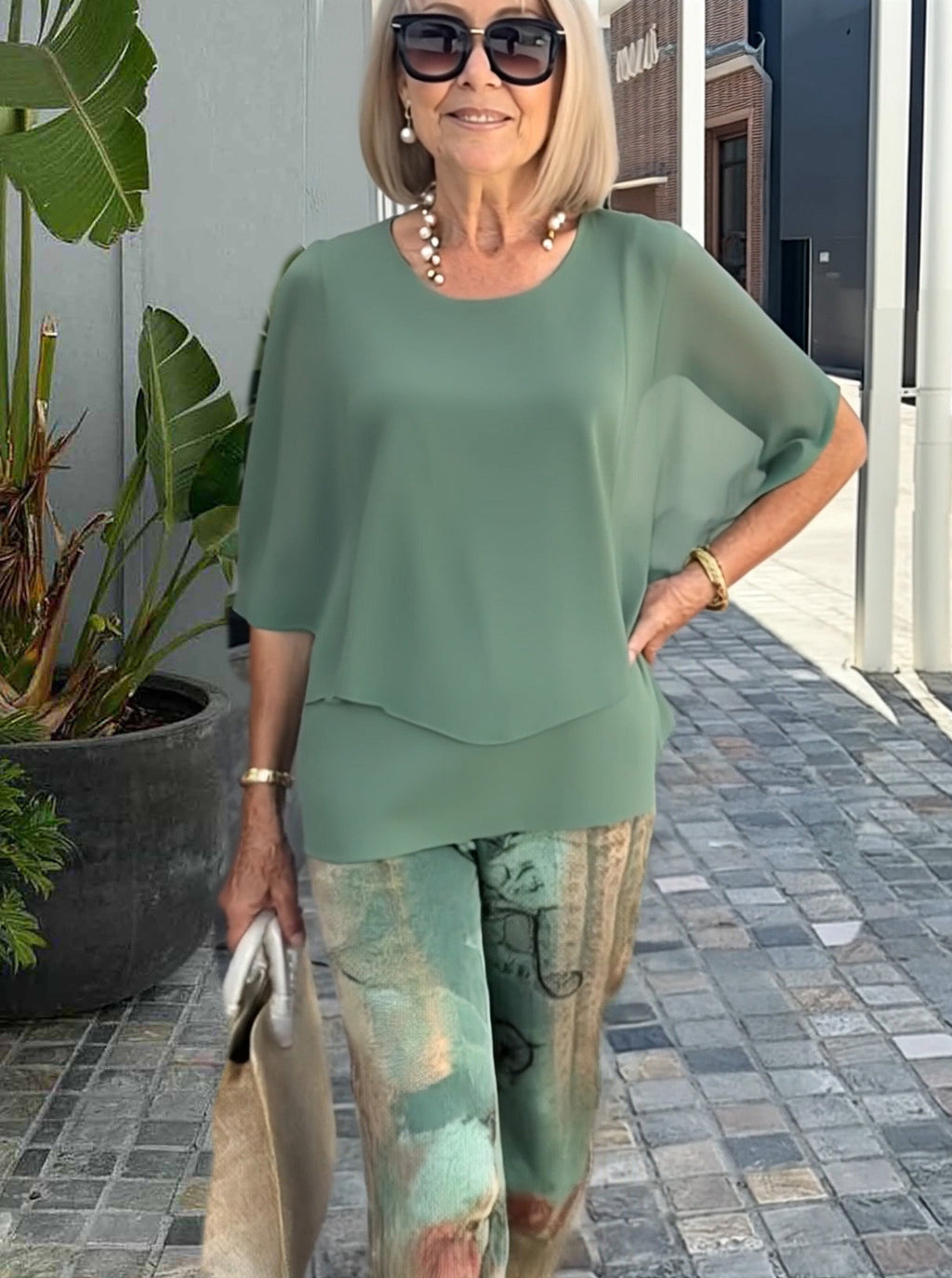 Casual Crew Neck Medium Sleeve Top Printed Floral Pants Set Two-piece Set