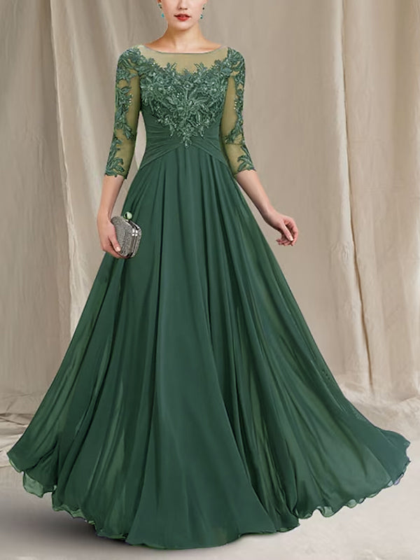 Chiffon Lace 3/4 Sleeve Maxi Dress