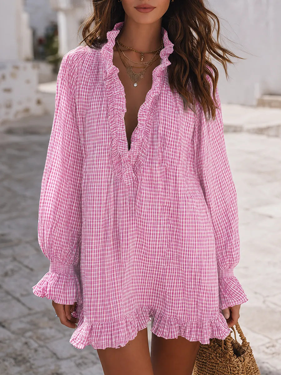 Santorini Breeze Blue Gingham Ruffle Mini Dress