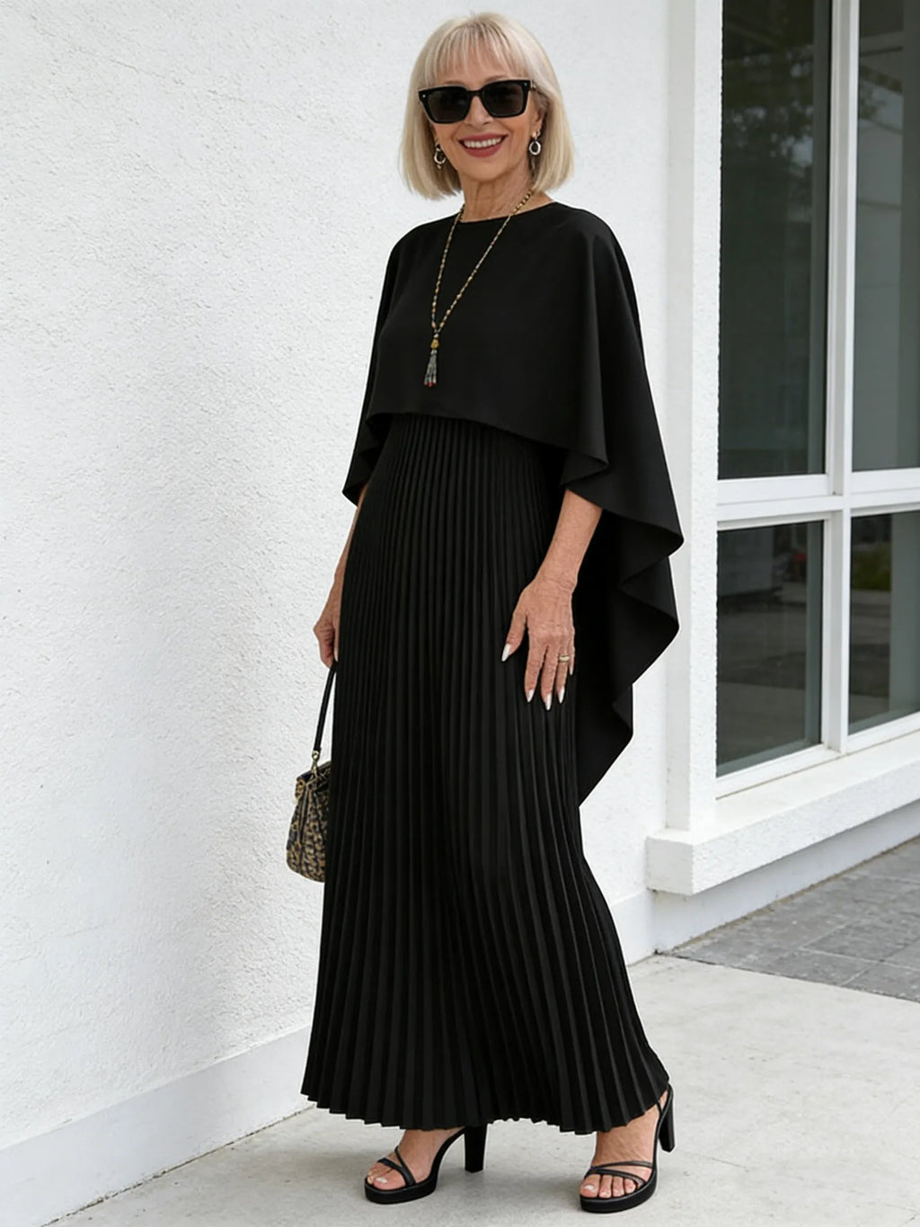 2Pcs Loose Bat Sleeve Pleated Irregular Temperament Elegant Dress