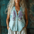 Women's Linen Flower Print Sleeveless Shirt