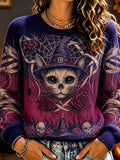 Women's Crewneck Knit Sweater Featuring Witch Cat Skull, Roses, And Spiderwebs