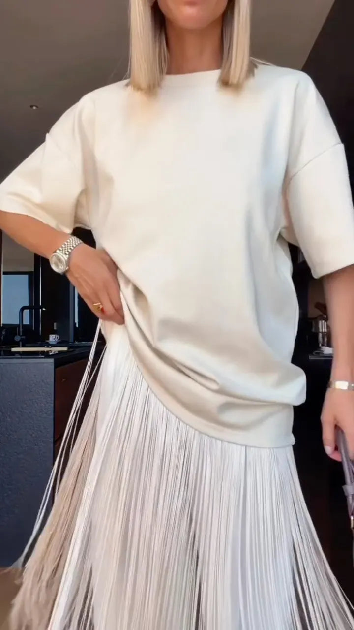 White Fringe Oversized T‐shirt Maxi Dress