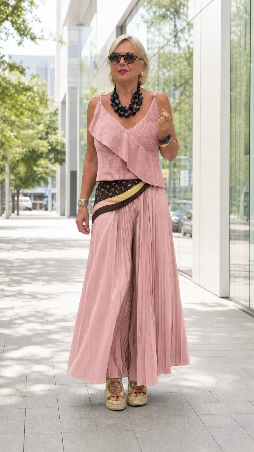 Women's Ruffle V-Neck Camisole & Pleated Wide-Leg Pants Two-Piece Set