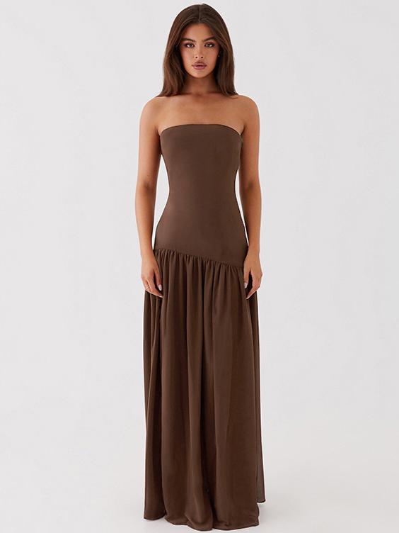 Solid Color Strapless High-Waist Split Hem Panelled Dress