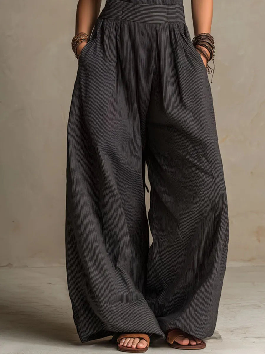 Boho Charcoal Crisscross Halter Pinstripe Wide-Leg Jumpsuit