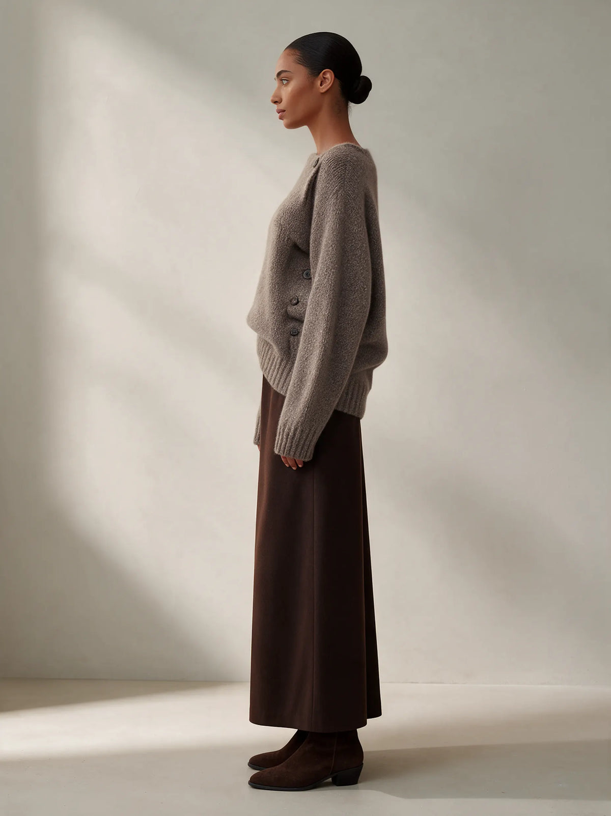 Women's Asymmetric Off-Shoulder Side Button Oversized Knit Sweater & Dark Brown Maxi Skirt Set