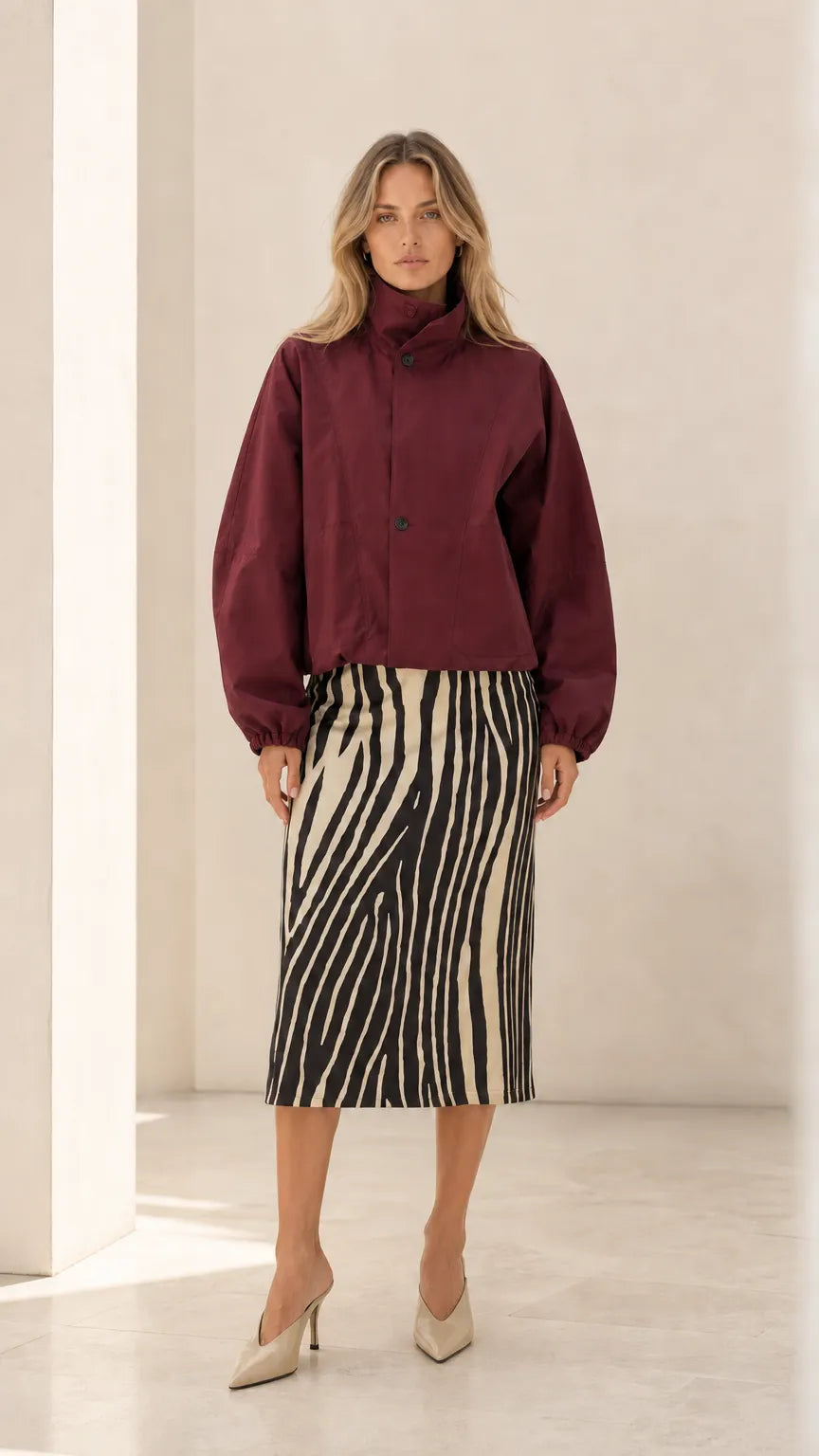 Women's High Neck Cropped Blouson Jacket with Balloon Sleeves