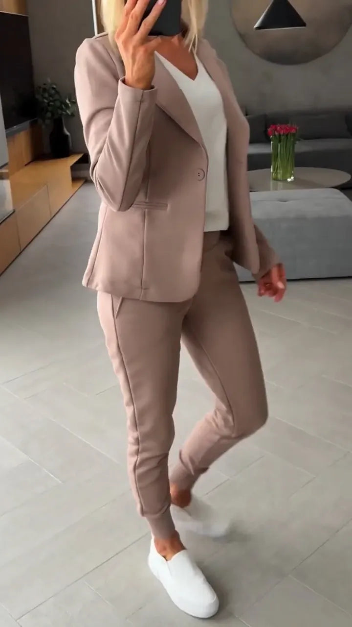 Women Collar Jacket+ Pants Commuting Style Set