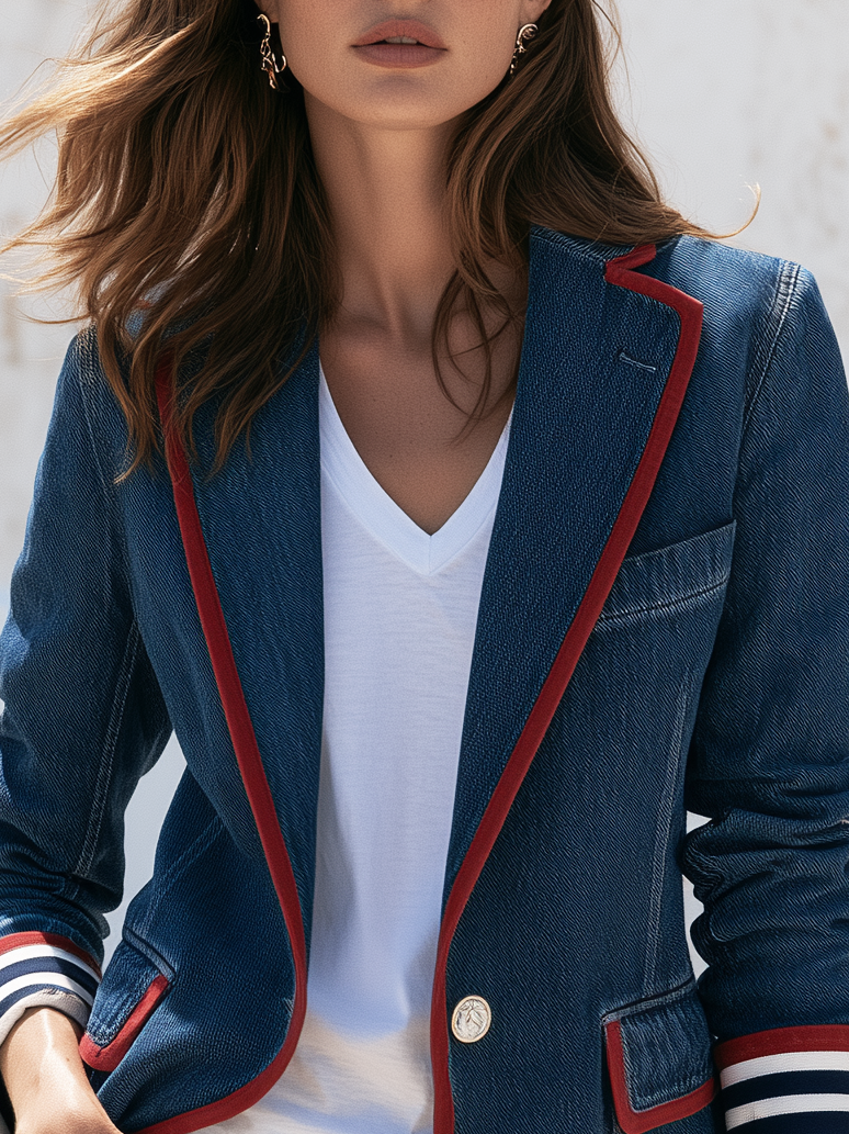 Retro Casual Color-blocked Trim Washed Distressed Denim Blazer