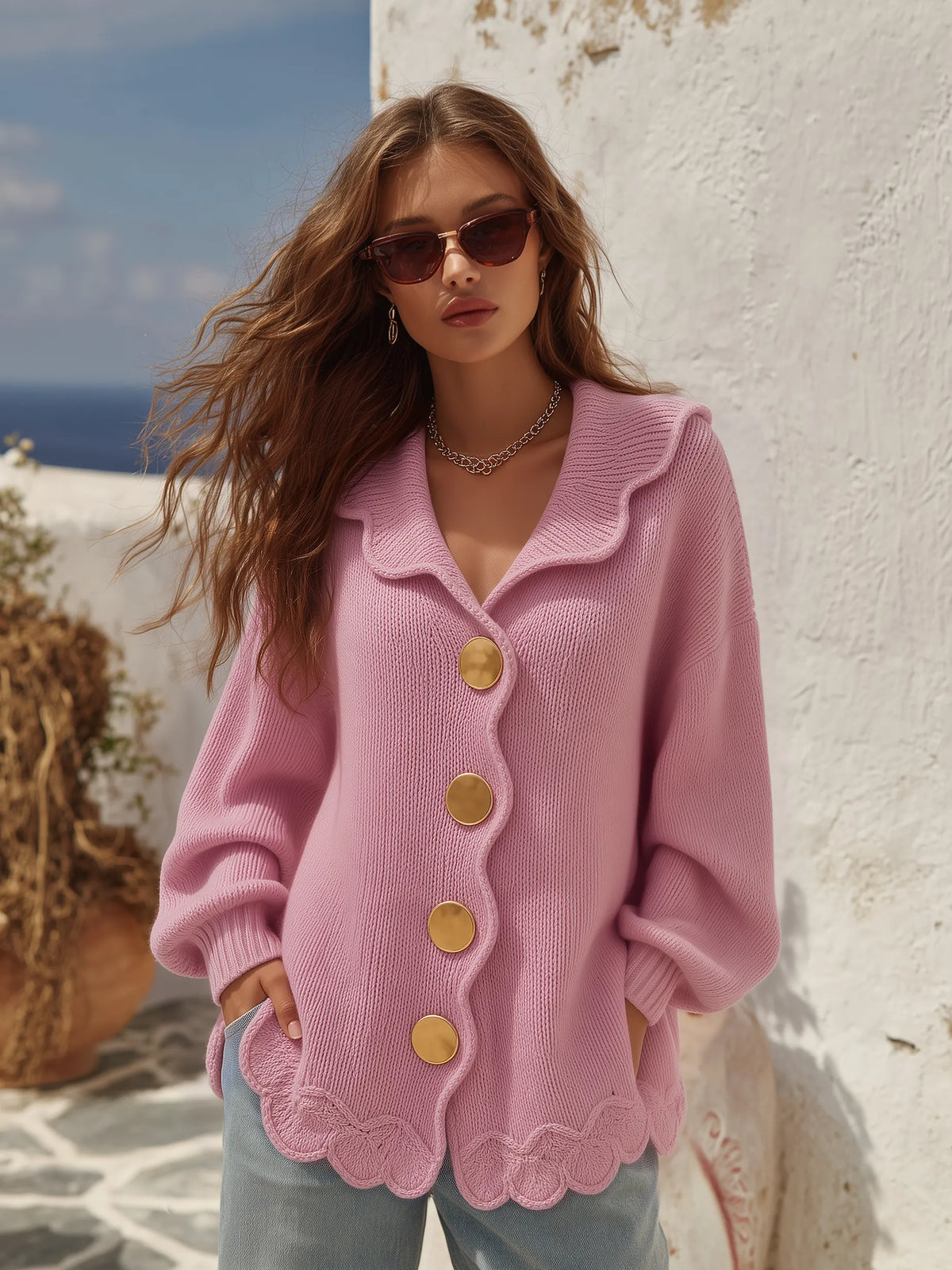 Casual Solid Color Wavy Edge Knit Cardigan