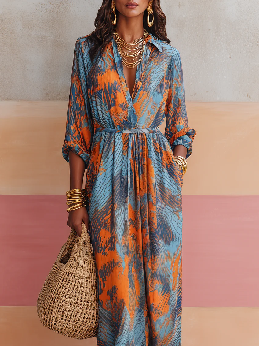 Blue Half-open V-neck Printed Fitted Shirt Dress Vacation Maxi Dress