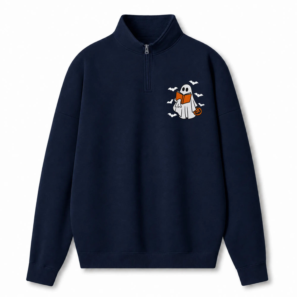 Chaotic Club Embroided Reading Ghost Pumpkin Pastel Pink Quarter Zip Sweatshirt
