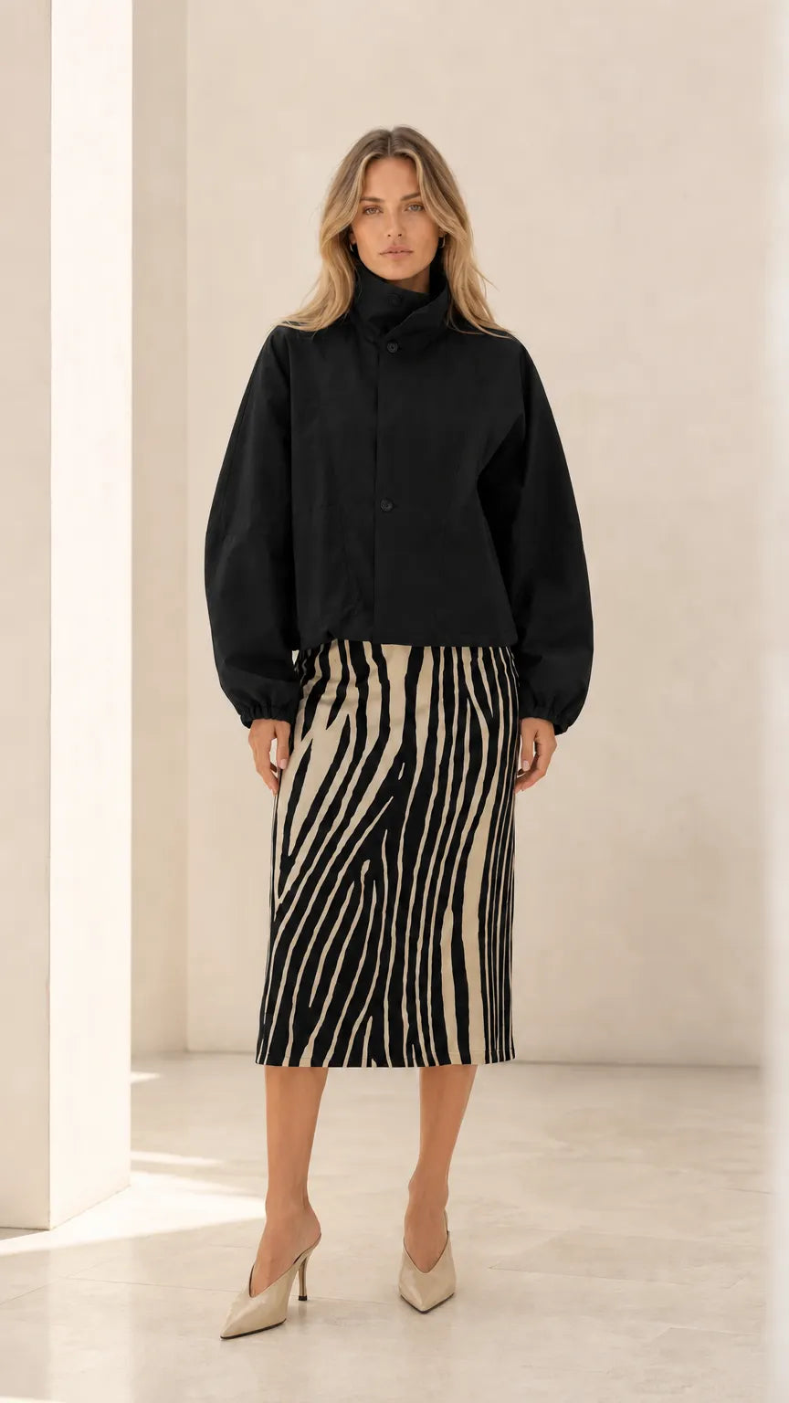 Women's High Neck Cropped Blouson Jacket with Balloon Sleeves