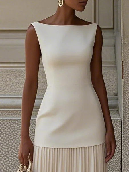 Elegant Pleated Skirt & Classic Boat-Neck Top Set