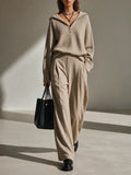Women's Hooded Collar Knit Top And Wide-Leg Pants Set MDZ2576H6CMX