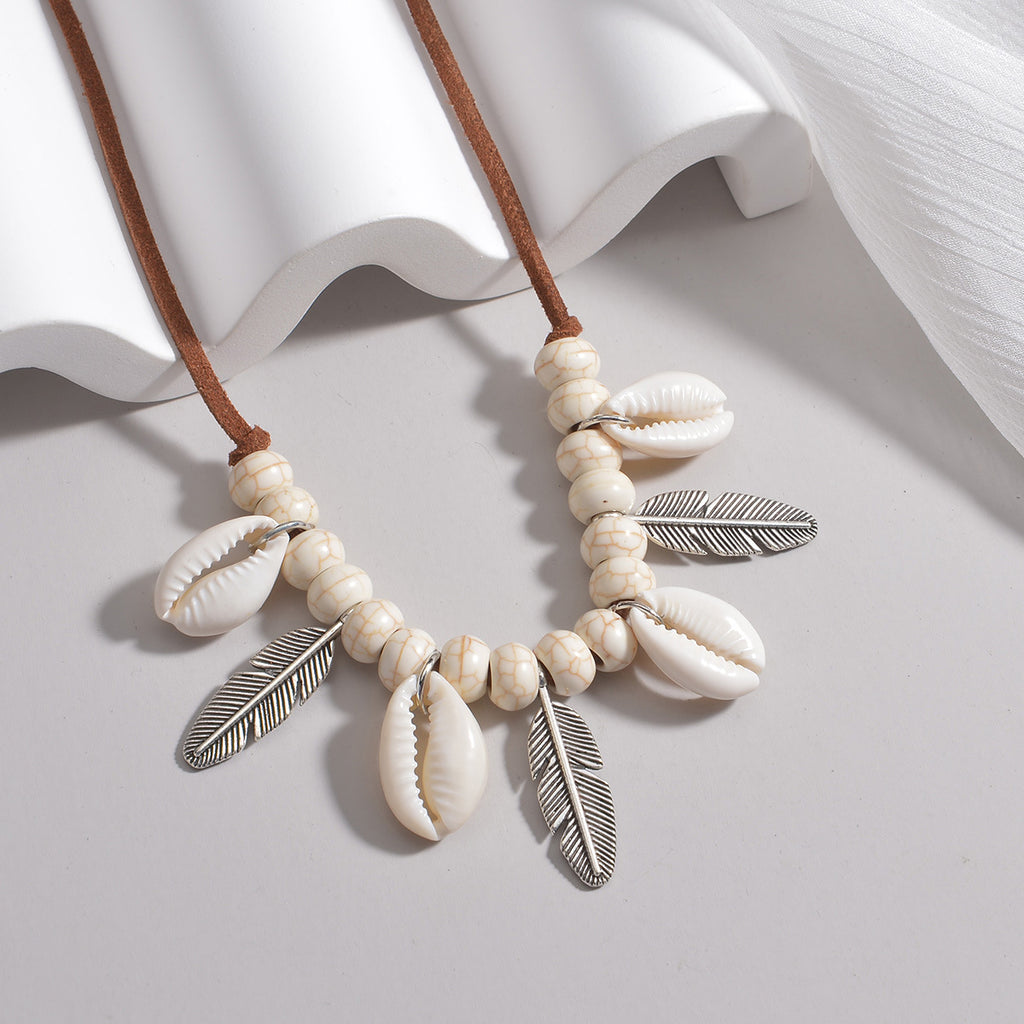 Bohemian Shell And Feather Pendant Necklace