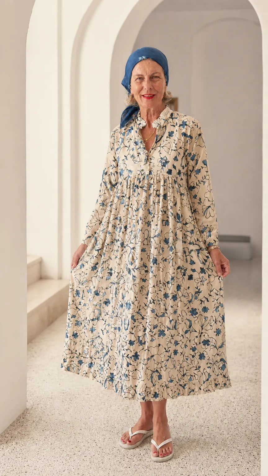 Floral Print Ruffle Collar Long Sleeve Midi Dress