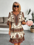 Chiffon Vacation Prints Color Round Neck Cake Skirt Splicing Dress Mid-length
