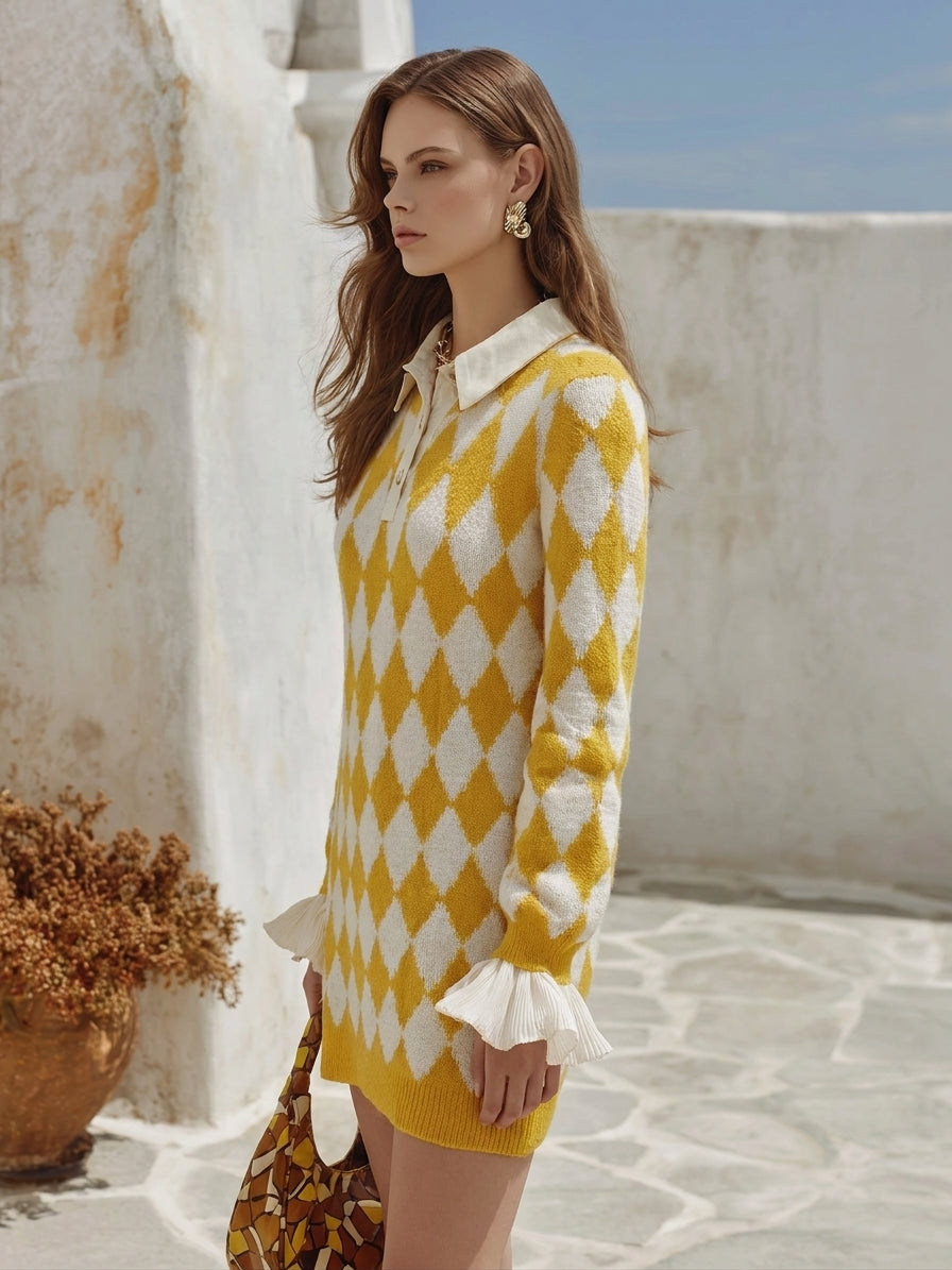 Old Money Preppy Vibe Mustard Yellow White Argyle Faux Two Piece Knit Mini Dress