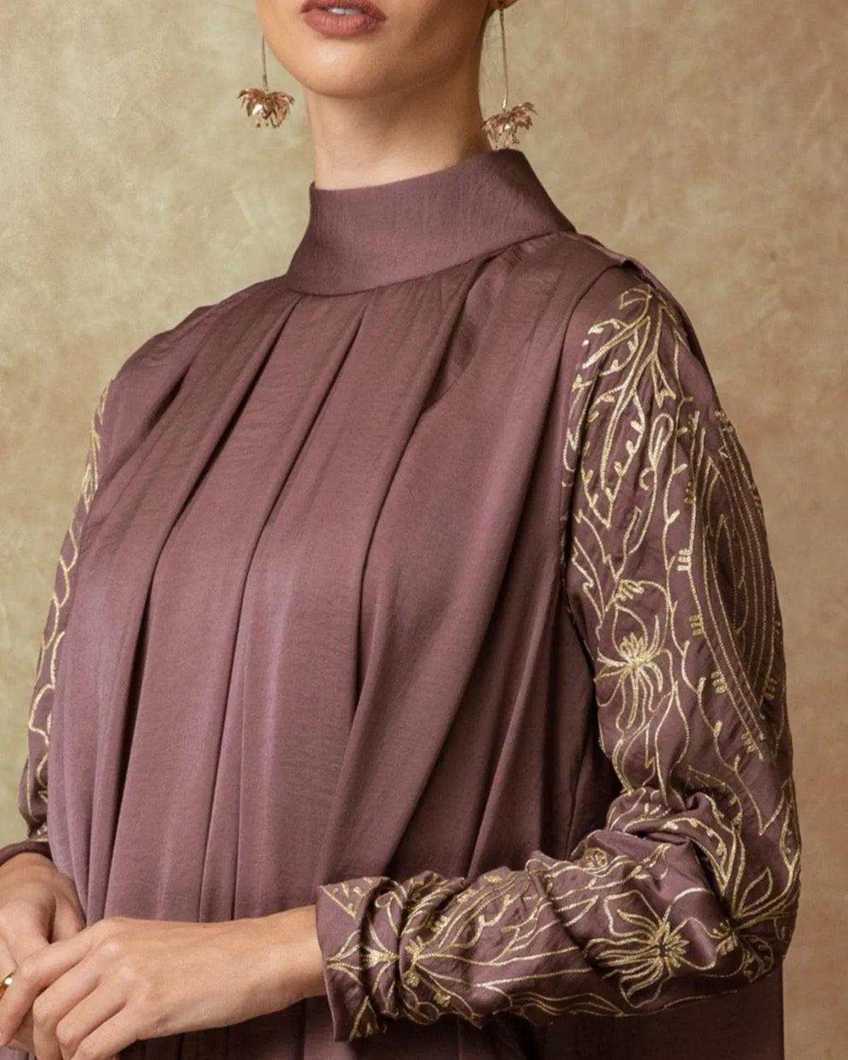 High Neck Gathered Embroidered Puff Sleevedress