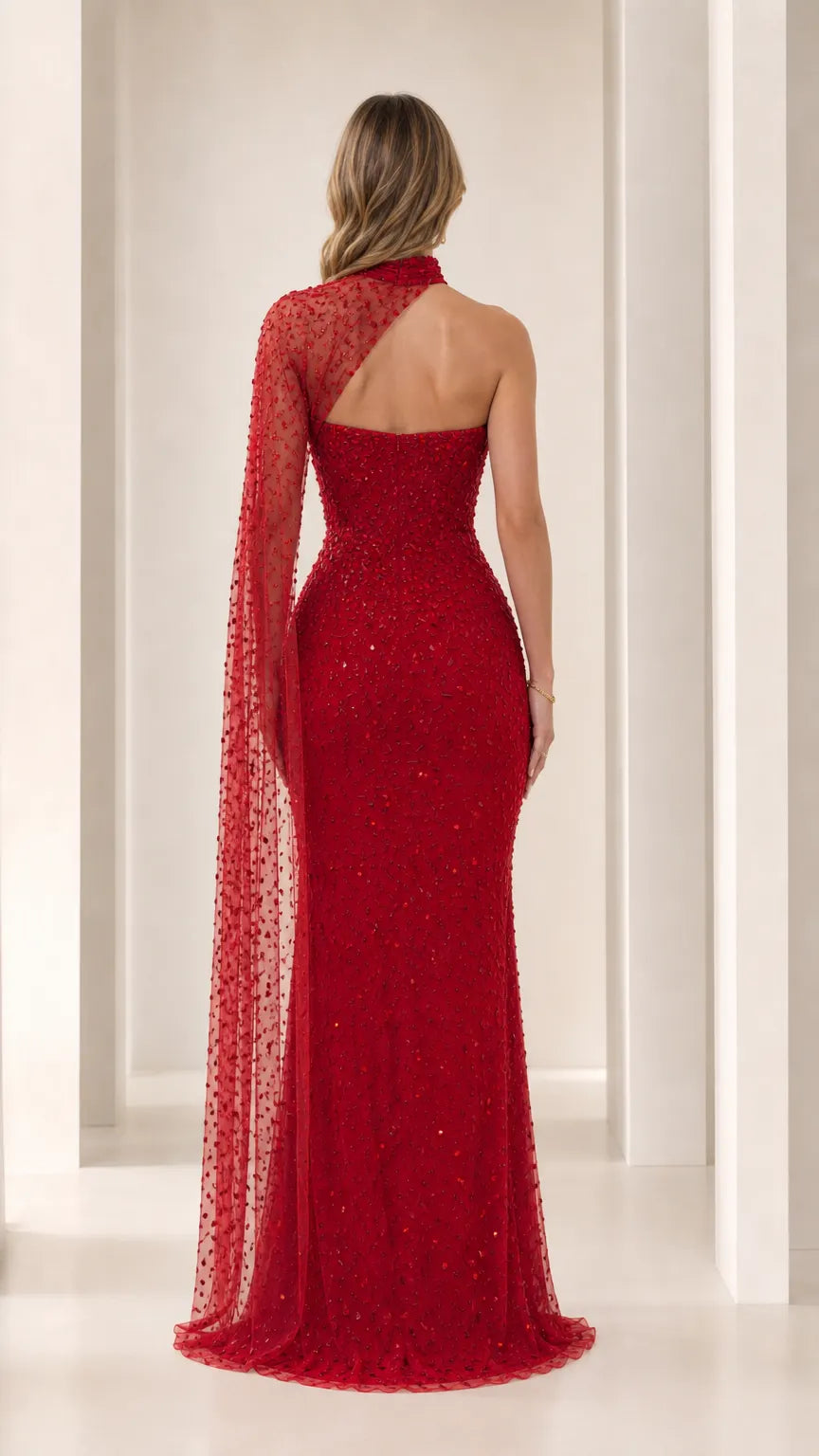 Sequined Beaded Sweetheart Evening Gown with Asymmetric Cape Drape