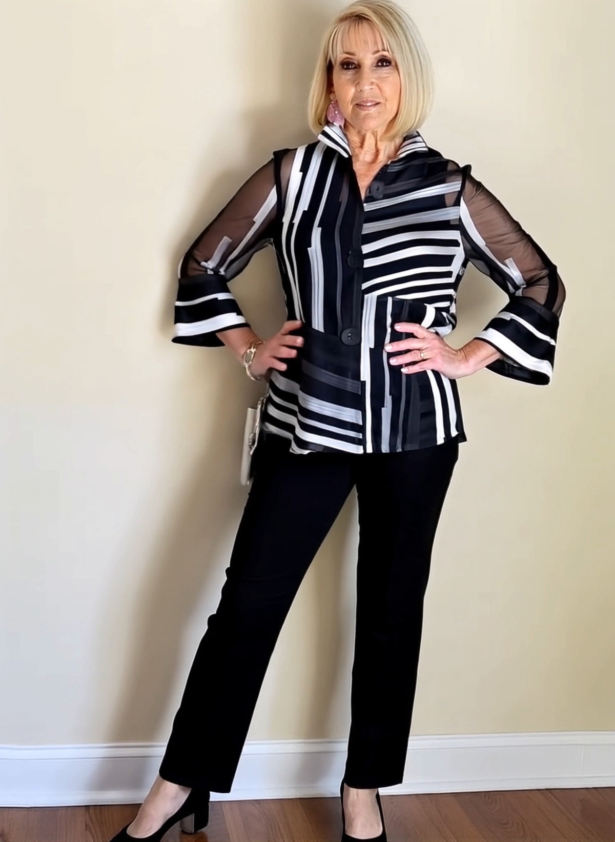 2Pcs Chiffon Stripes Shirt and Pants Set