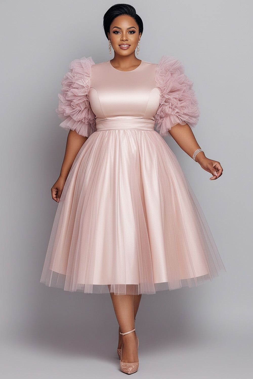 Formal Tulle Pink Round Neck Long Sleeve Contrast Elegant 3D Satin Midi Dresses