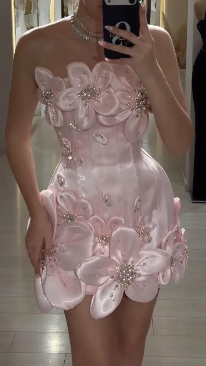 3D Floral Strapless Mini Party Dress