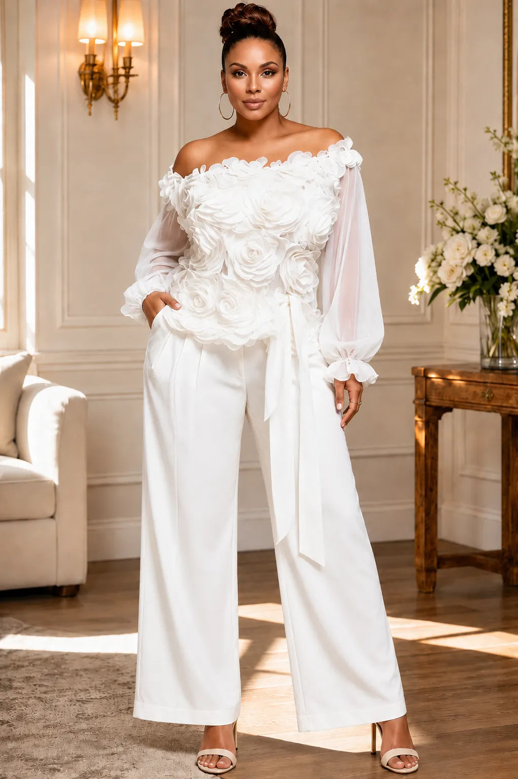 3D Floral Off‐The‐Shoulder White Two‐Piece Pant Set