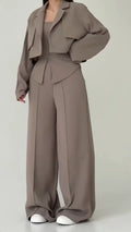 Taupe Cropped Blazer Two‐Piece Pants Set