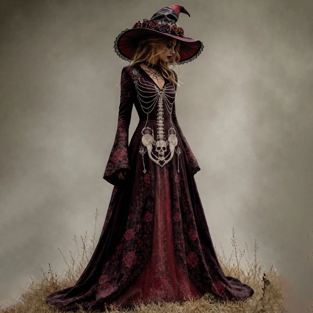 Women's Halloween Color Block Floral Print Velvet Dress